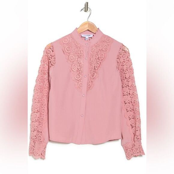 HL AFFAIR Lace Panel Long Sleeve Blouse Top, Romantic Pink/Blush Size Large, NWT - Picture 4 of 11